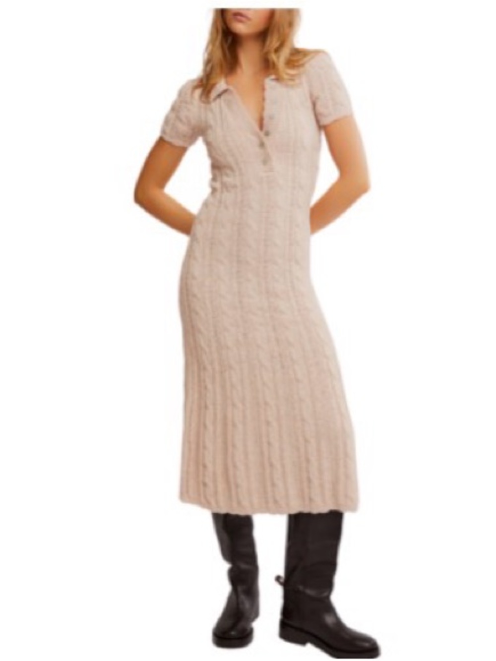 Free People Cream Cable-Knit Midi Dress with Short Sleeves